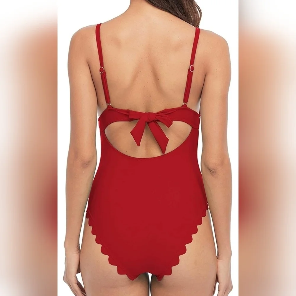 Women High Cut One Piece Swimsuit Scalloped Padded Swimwear Backless Bathingsuit